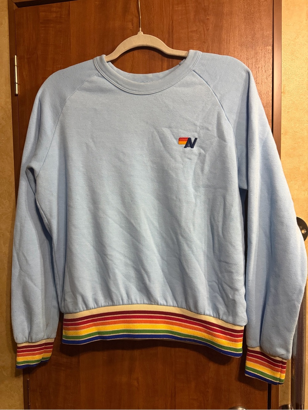 Aviator Nation Baby Blue Crewneck Sweater with Rainbow Trim size XS